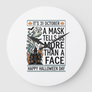 Vintage-Halloween-Masken-Zitat-Vektordesign_1 Große Wanduhr