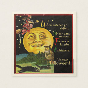 Vintage-Halloween-Mond-Beobachtungshexe mit Gedich Serviette