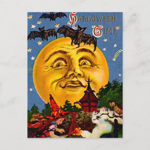 Vintage Halloween-Mond und Hexen Postkarte