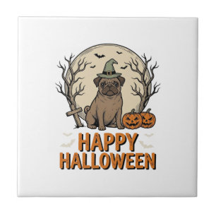 Vintage-Halloween-Mops-Hund-Hexenhut-Shirt-Design_ Fliese