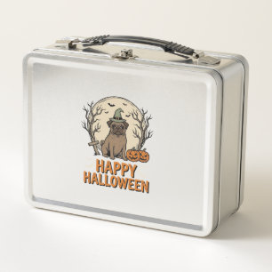 Vintage-Halloween-Mops-Hund-Hexenhut-Shirt-Design_ Metall Brotdose