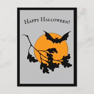 Vintage Halloween Orange Mond Fliegende Fledermäus Einladungspostkarte