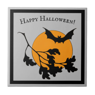 Vintage Halloween Orange Mond fliegende Fledermäus Fliese