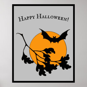 Vintage Halloween Orange Mond fliegende Fledermäus Poster