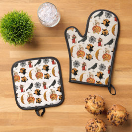Vintage Halloween Oven Mitt- und Pot-Holder Ofenhandschuh & Topflappen-Set