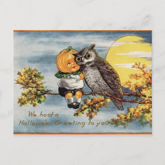 Vintage Halloween Owl Moon Pumpkin Postcard Postkarte (Vorderseite)