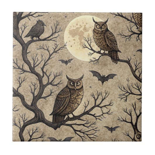 Vintage Halloween Owls & Moon Fliese (Vorderseite)