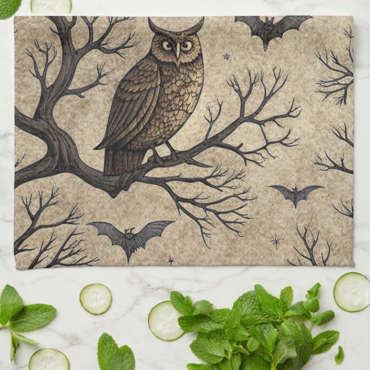 Vintage Halloween Owls & Moon Geschirrtuch (Gefaltet)