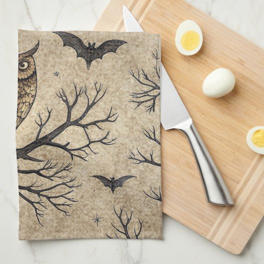Vintage Halloween Owls & Moon Geschirrtuch (Viertel Falte)