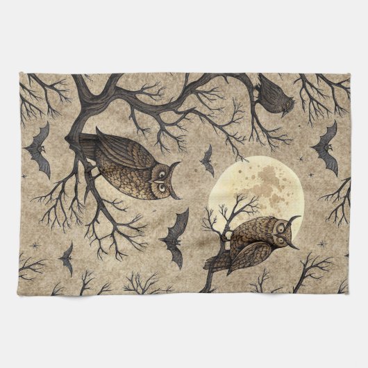 Vintage Halloween Owls & Moon Geschirrtuch (Horizontal)