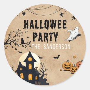 Vintage-Halloween-Party-Aufkleber – Spukhaus, Runder Aufkleber