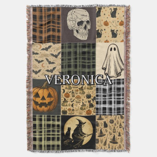 Vintage-Halloween-Patchwork-Herbst-Name-bestickt Decke (Vorderseite Vertikal)