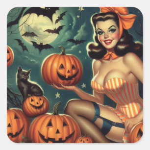 Vintage-Halloween-Pin-Up-Dame Quadratischer Aufkleber