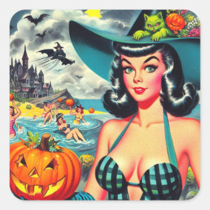 Vintage-Halloween-Pin-up-Dame Quadratischer Aufkleber