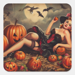 Vintage-Halloween-Pin-Up Quadratischer Aufkleber