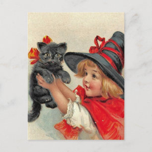 Vintage Halloween-Postkarte - Mädchen u. schwarze Feiertagspostkarte