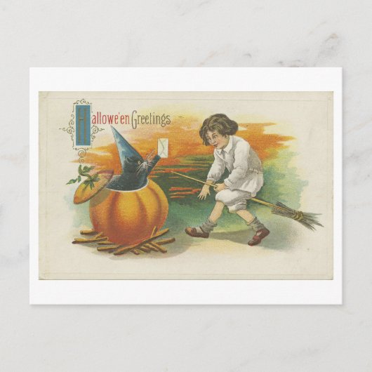 Vintage Halloween Postkarte mit Candy and Devil (Vorderseite)