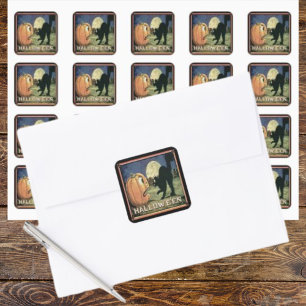 Vintage Halloween Pumpkin & Cat in Mosaik Quadratischer Aufkleber