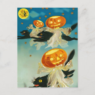 Vintage Halloween Pumpkin-Geister und Schwarze Kat Einladungspostkarte