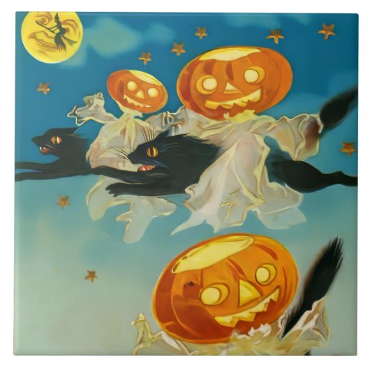 Vintage Halloween Pumpkin-Geister und Schwarze Kat Fliese (Vorderseite)