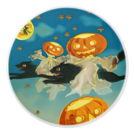 Vintage Halloween Pumpkin-Geister und Schwarze Kat Keramikknauf