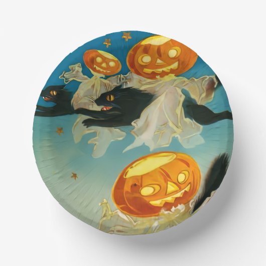 Vintage Halloween Pumpkin-Geister und Schwarze Kat Pappteller (Vorderseite)