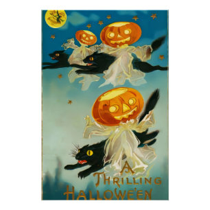 Vintage Halloween Pumpkin-Geister und Schwarze Kat Poster