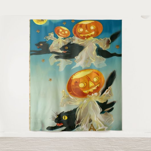 Vintage Halloween Pumpkin-Geister und Schwarze Kat Wandteppich (Vorderseite)