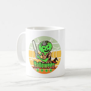 VINTAGE HALLOWEEN PUMPKIN MIT CHAINSAW UND SKULL KAFFEETASSE