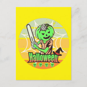 VINTAGE HALLOWEEN PUMPKIN MIT CHAINSAW UND SKULL POSTKARTE