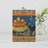 Vintage Halloween Pumpkins Black Cat Einladung (Stehend Vorderseite)