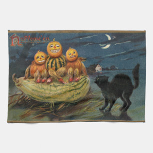 Vintage Halloween Pumpkins Black Cat Handtuch