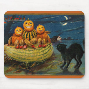 Vintage Halloween Pumpkins Black Cat Mousepad