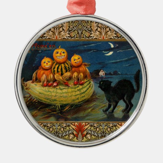 Vintage Halloween Pumpkins Black Cat Ornament Aus Metall (Vorne)