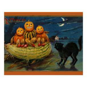 Vintage Halloween Pumpkins Black Cat Poster