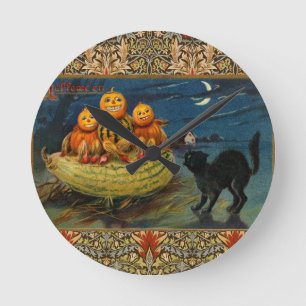 Vintage Halloween Pumpkins Black Cat Runde Wanduhr