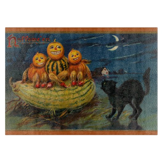 Vintage Halloween Pumpkins Black Cat Schneidebrett (Vorderseite)