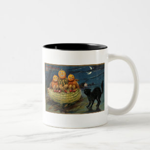Vintage Halloween Pumpkins Black Cat Zweifarbige Tasse