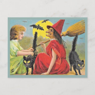 Vintage Halloween rote Hexe mit Fledermäusen und s Postkarte