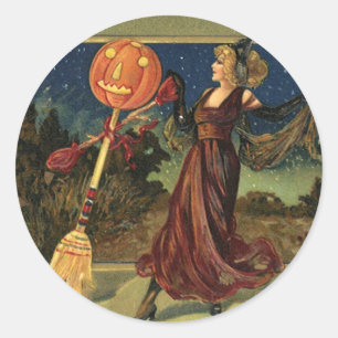 Vintage Halloween, schöne tanzende Hexe Runder Aufkleber
