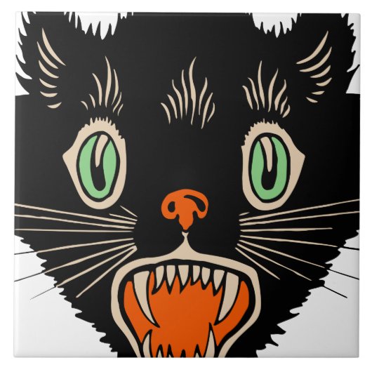 Vintage Halloween-Schwarze Katze Fliese (Vorderseite)