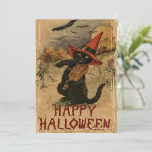 Vintage Halloween schwarze Katze Geigenspielen Feiertagskarte