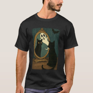 Vintage Halloween schwarze Katze Geist im Spiegel T-Shirt