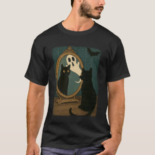 Vintage Halloween schwarze Katze Geist im Spiegel  T-Shirt
