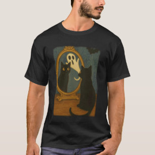Vintage Halloween schwarze Katze Geist im Spiegel T-Shirt
