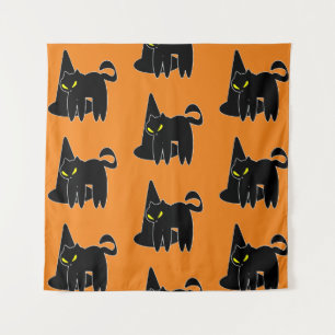 Vintage-Halloween-Schwarze Katze Hexe Orange Wandteppich