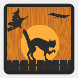 Vintage Halloween Schwarze Katze, Hexen-Mond-Silho Quadratischer Aufkleber