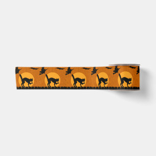 Vintage Halloween schwarze Katze, Hexen-Mond-Silho Satinband