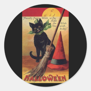 Vintage-Halloween-Schwarze Katze, Hexenbesen und H Runder Aufkleber