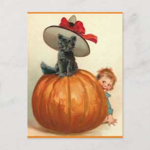 Vintage Halloween schwarze Katze Hexenhut Kürbis B Postkarte